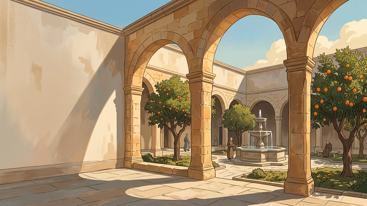 A cloister courtyard with a fountain, orange trees, stone arches, and long afternoon shadows.