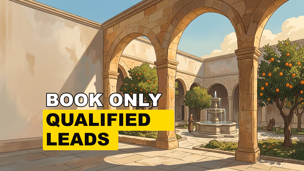 A cloister courtyard with a fountain, orange trees, stone arches, and long afternoon shadows.