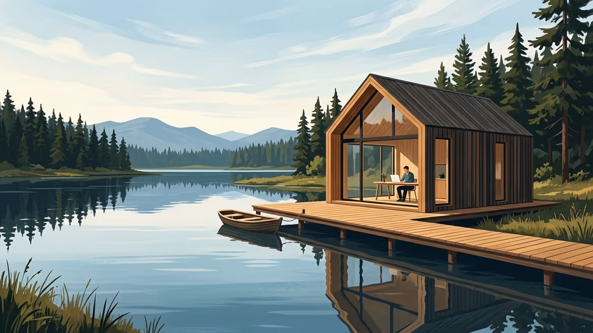 A Nordic lakeside cabin with a long dock, still water, distant pines, and soft mountain silhouettes.
