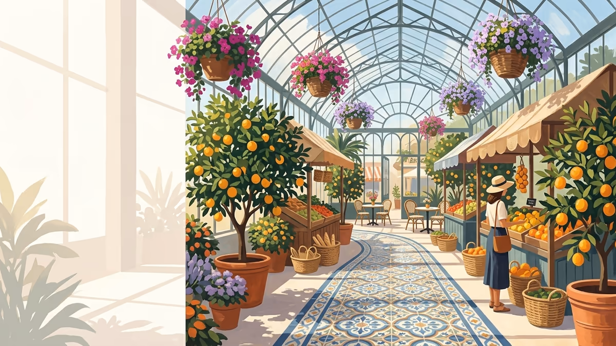 A sunlit greenhouse market with citrus trees, hanging flowers, patterned tile walkways, and glass roofing.
