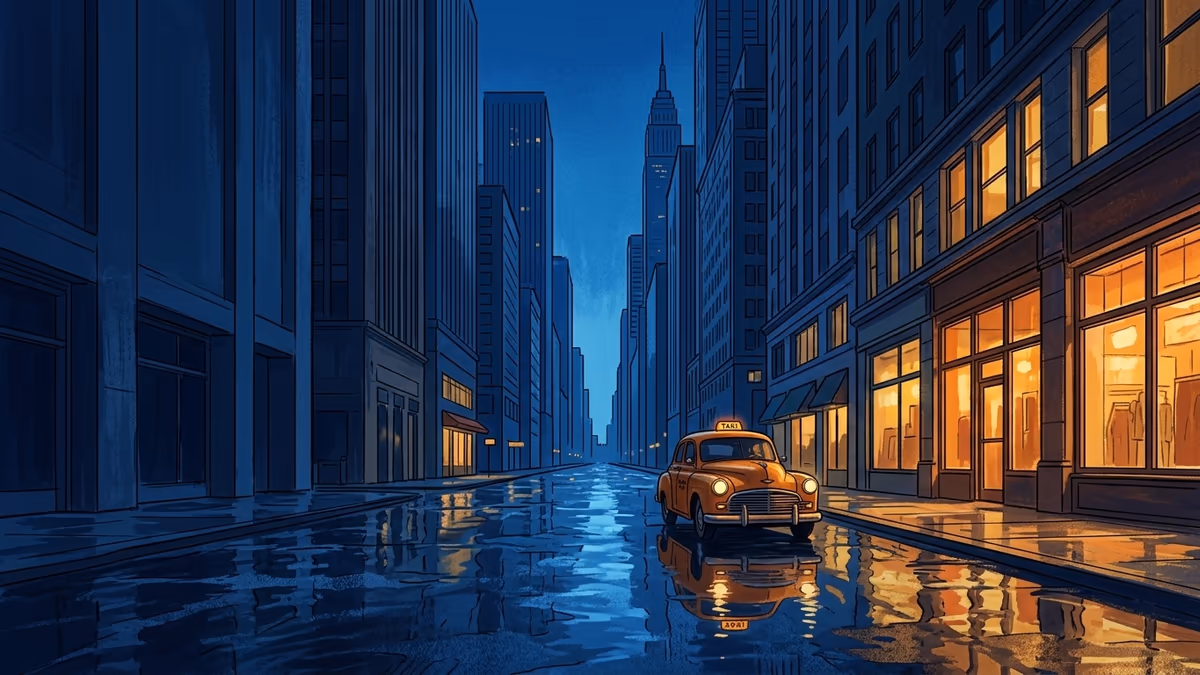 A blue-hour financial avenue with glowing storefronts, wet reflections, a small taxi, and tall towers.