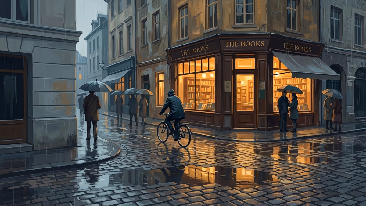 A rainy bookstore street corner with glowing windows, a cyclist, umbrellas, and reflective cobblestones.