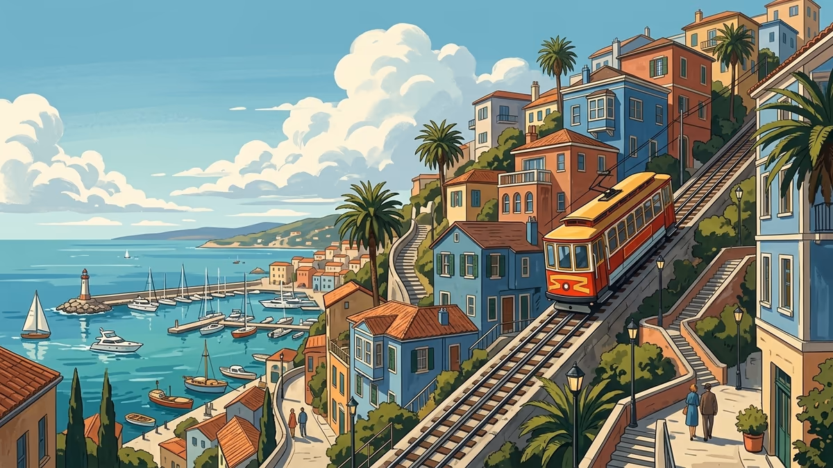 A steep hillside tram city above a bright harbor with zigzag tracks and stacked homes.