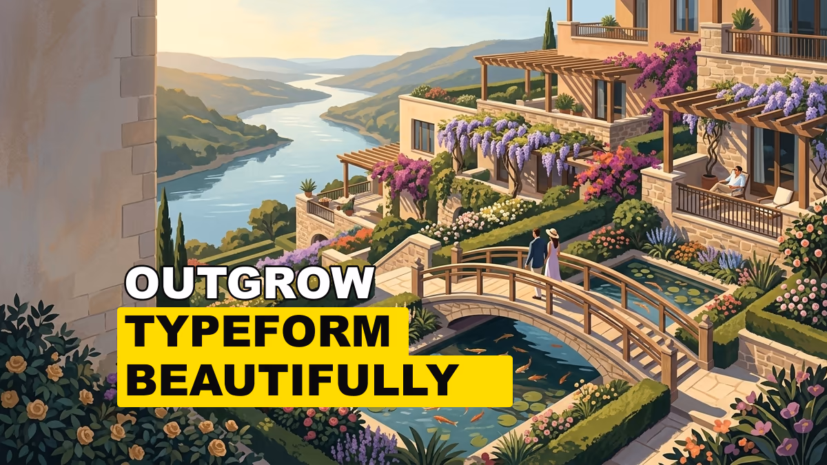 A terraced garden hotel above a river with an arched footbridge, koi pond, and layered blossoms.