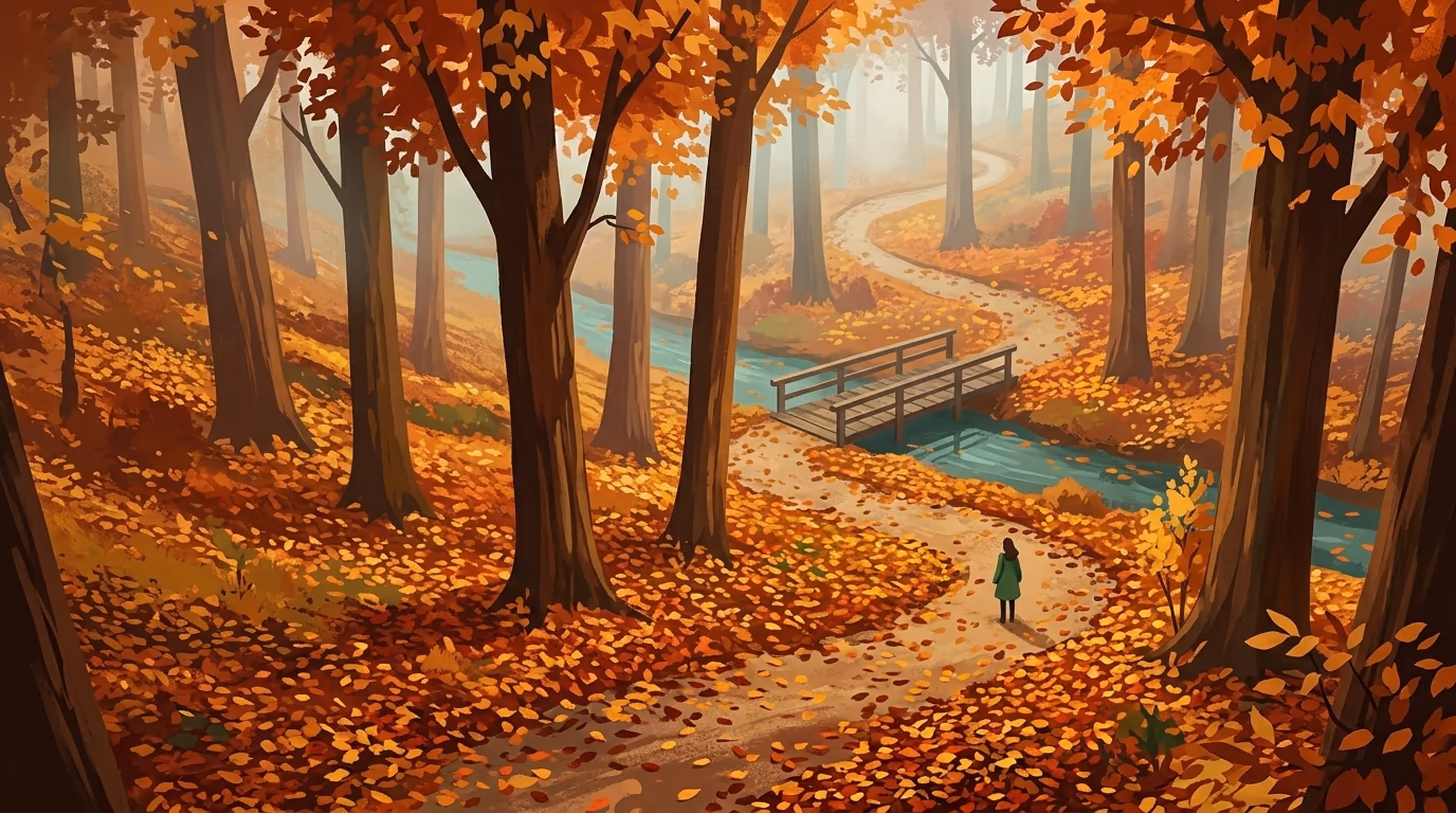 Overhead forest path view with autumn leaves in amber, red, and gold carpeting a winding trail through tall hardwood trees, morning mist rising through the canopy, a wooden footbridge visible in the middle distance.