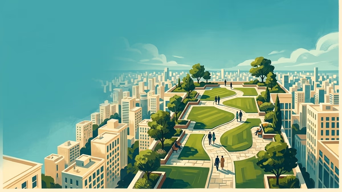 A sunlit rooftop park above a modern city with geometric lawns, winding paths, and small figures strolling.