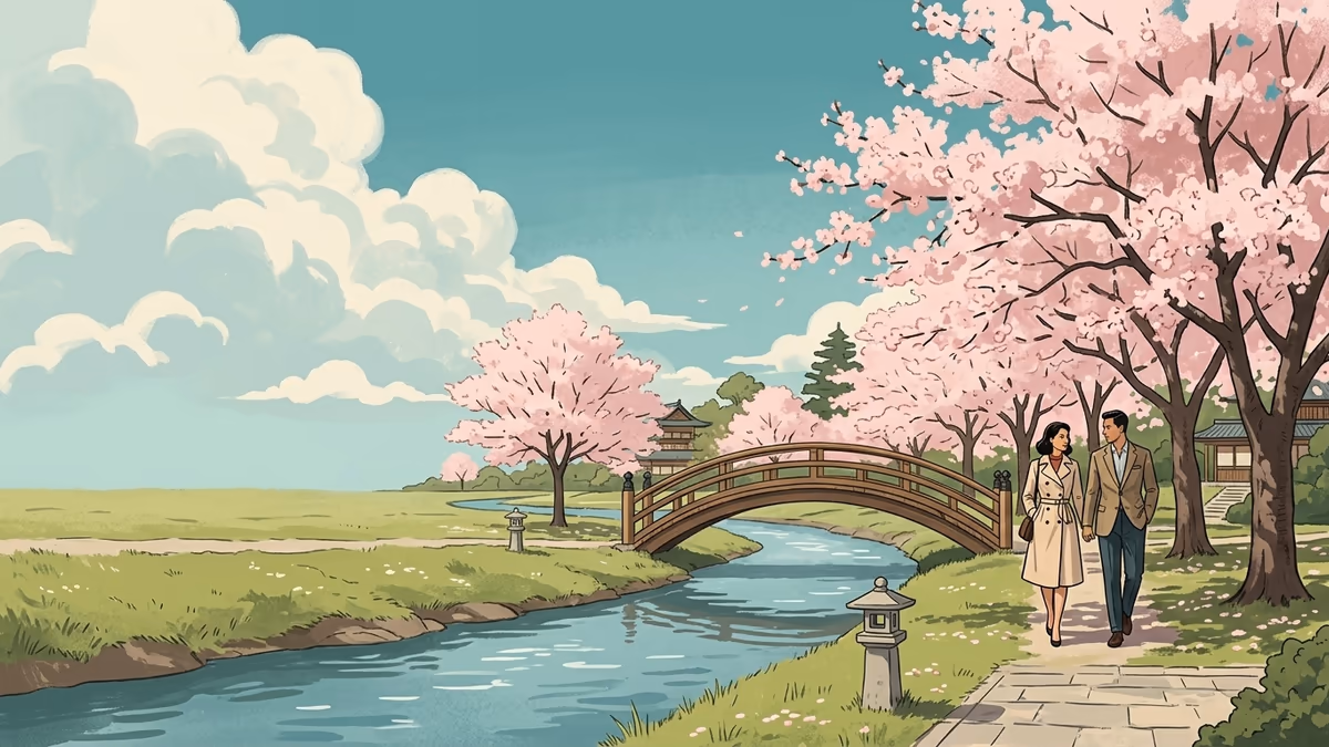 A cherry blossom park beside a river with a curved footbridge and a couple walking under pale pink trees.