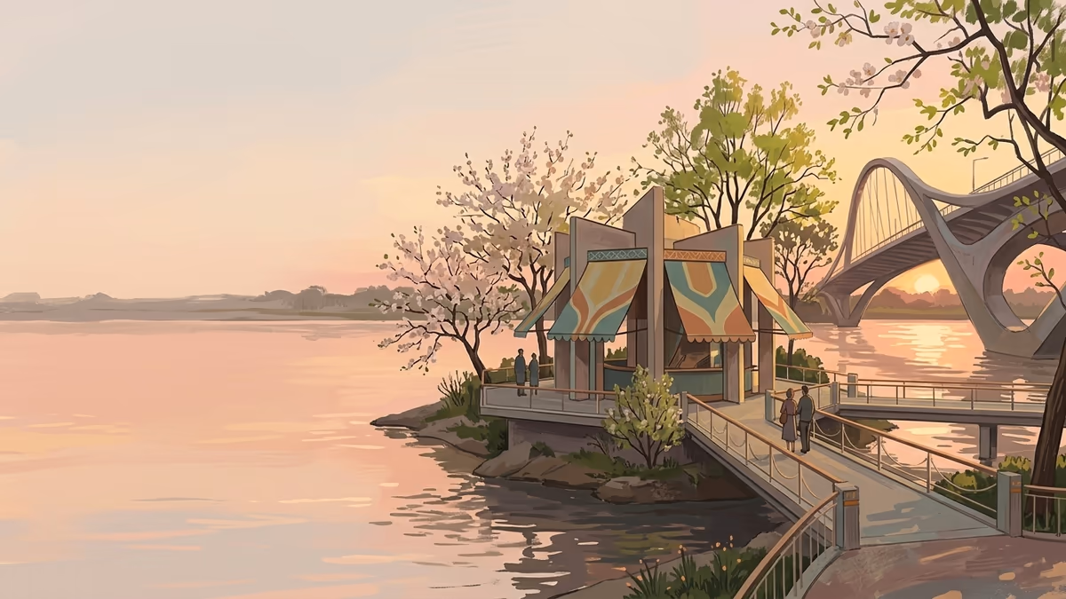 A riverside design pavilion with patterned awnings, spring trees, and a sculptural bridge at golden hour.