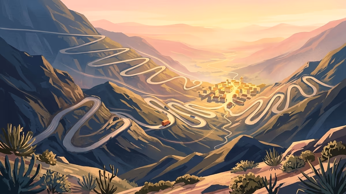 Mountain switchback roads converging toward a valley town at sunrise with warm haze and sharp turns.