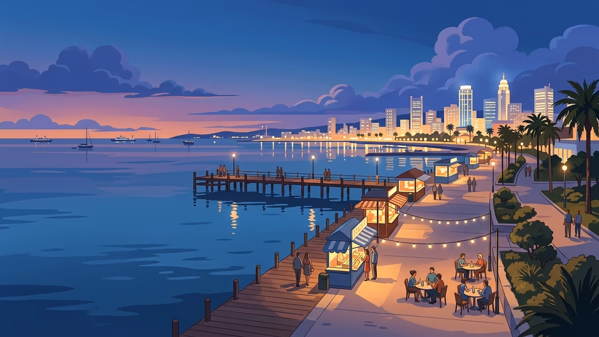 A twilight harbor promenade with lit kiosks, a long pier, outdoor tables, and deep-blue water.