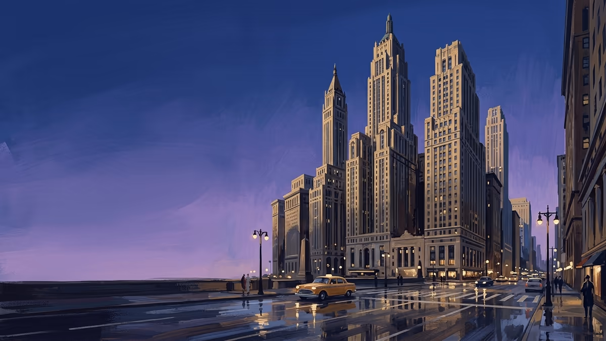 A historic financial district at blue hour with tall towers, wet reflective streets, and a small taxi below.