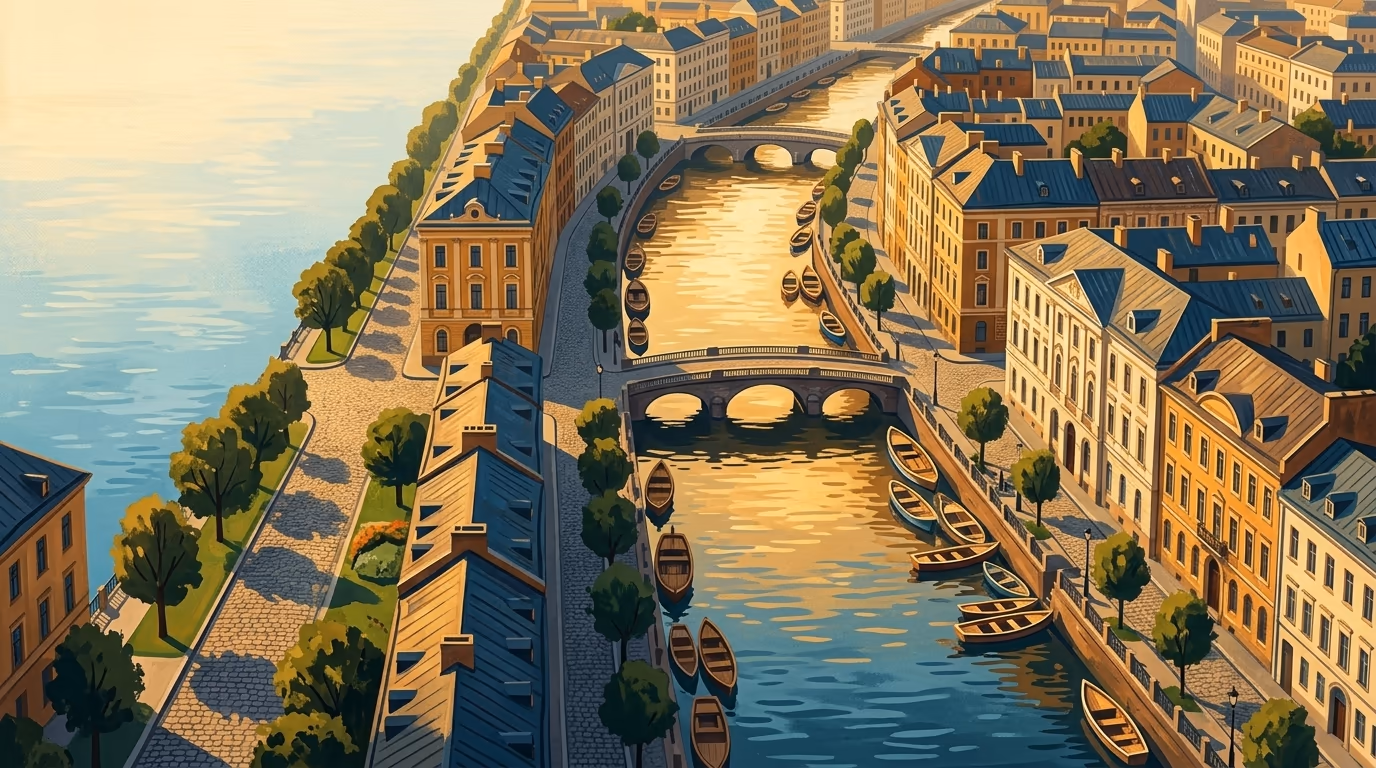 Aerial view of a historic canal city with colorful merchant buildings lining the waterways, arched stone bridges, small boats, and tree-lined streets visible from above in soft afternoon light.