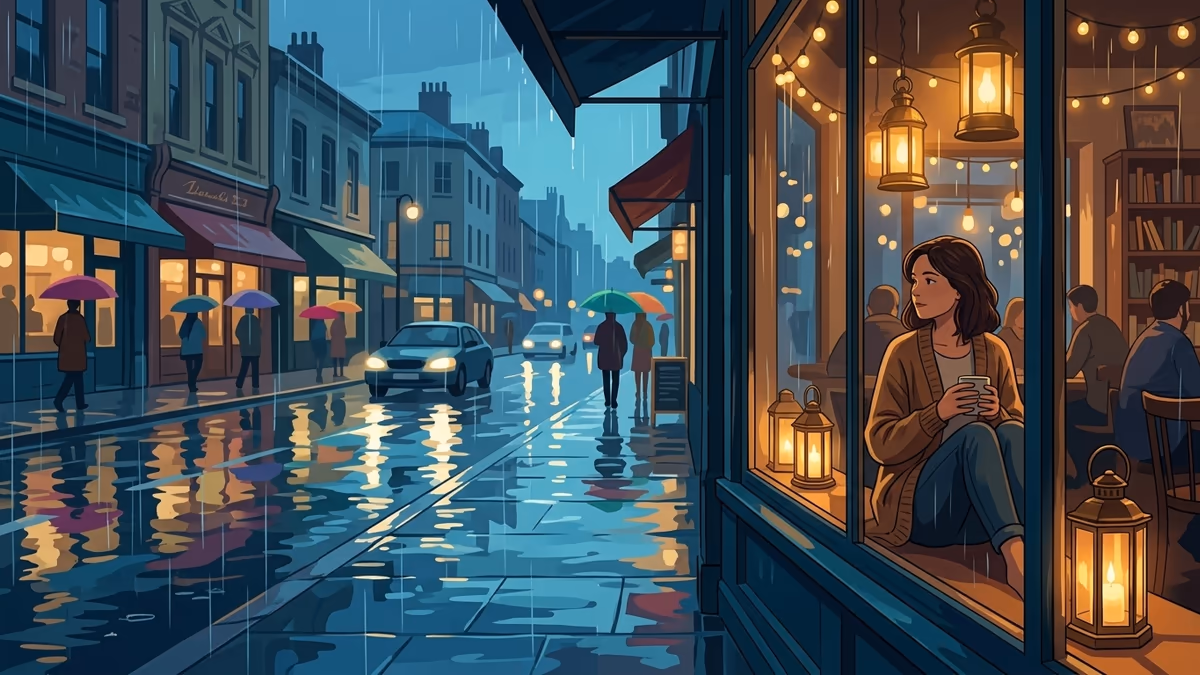 A woman inside a lantern-lit cafe watching a rainy street with reflections and umbrellas outside.