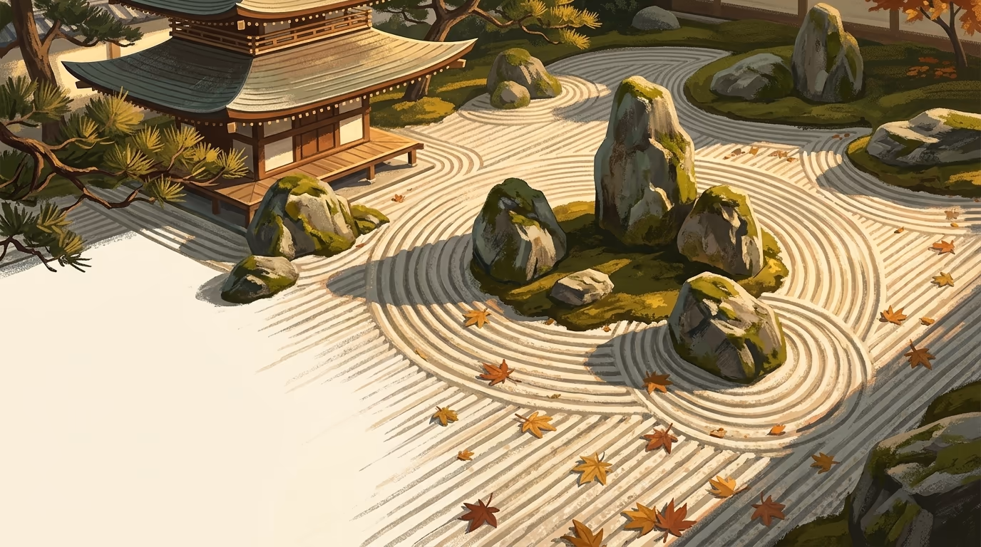 A sunlit Japanese rock garden with carefully raked gravel, mossy boulders, and a pagoda roof visible through the trees.