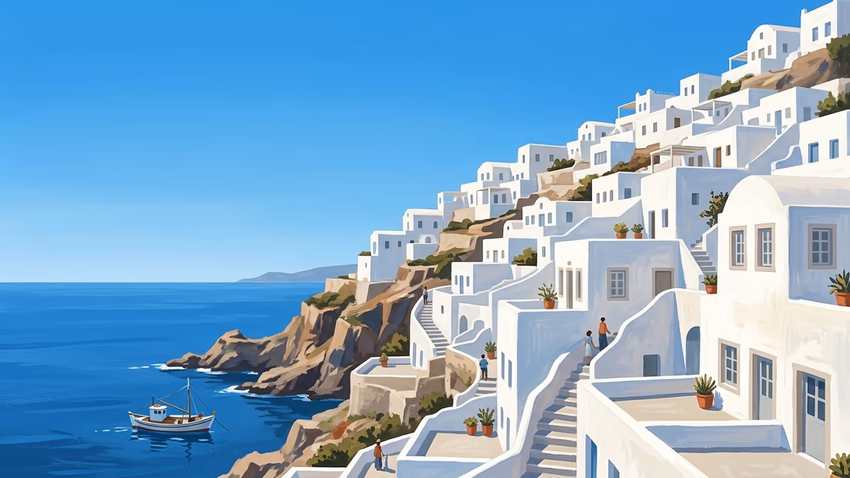 A white cliffside town above the sea with layered terraces, framed windows, and bright sky.