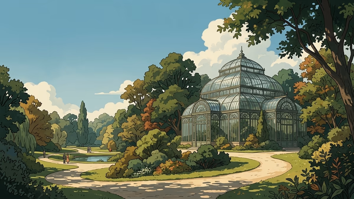 A lush city park with a large glass conservatory, winding paths, and people strolling in the distance.