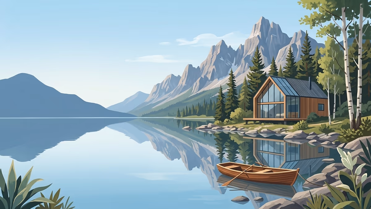 An alpine lake with a modern cabin, a wooden rowboat, mirrored water, and mountains in the background.