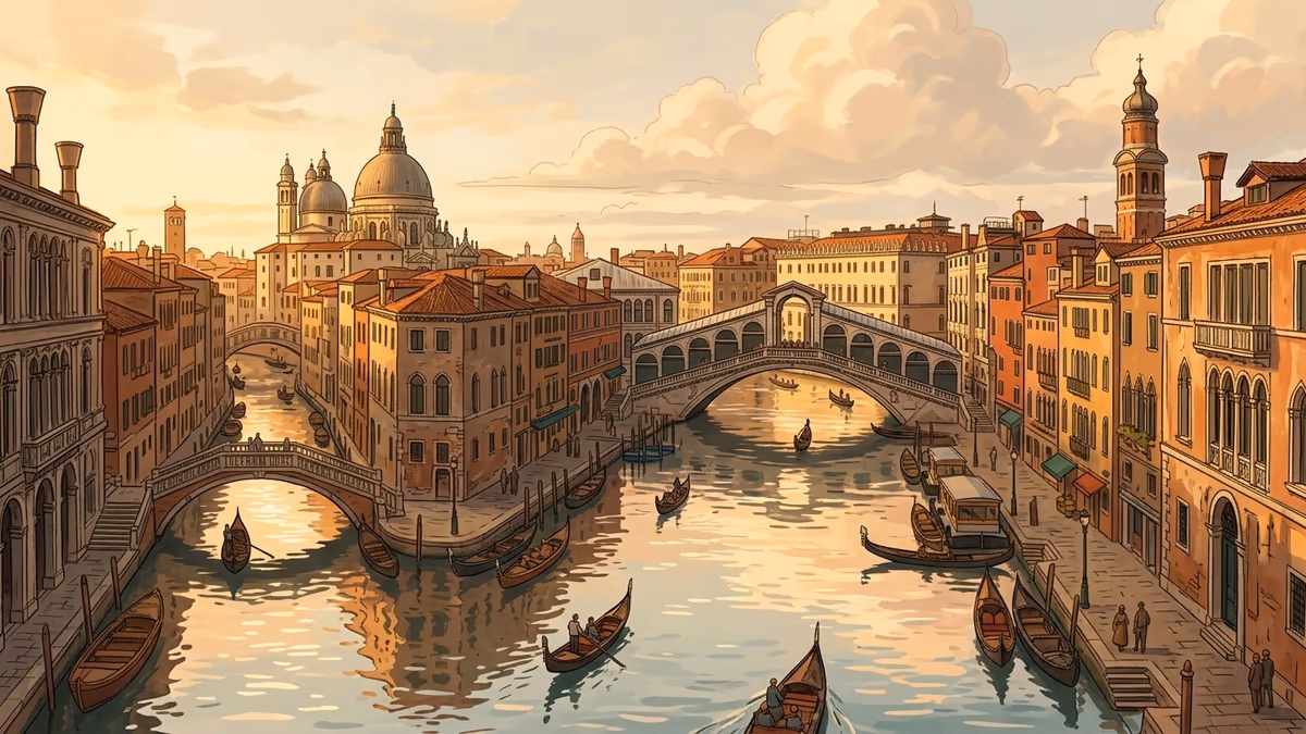 A golden-hour canal city panorama with bridges, boats, warm facades, and glowing reflections.