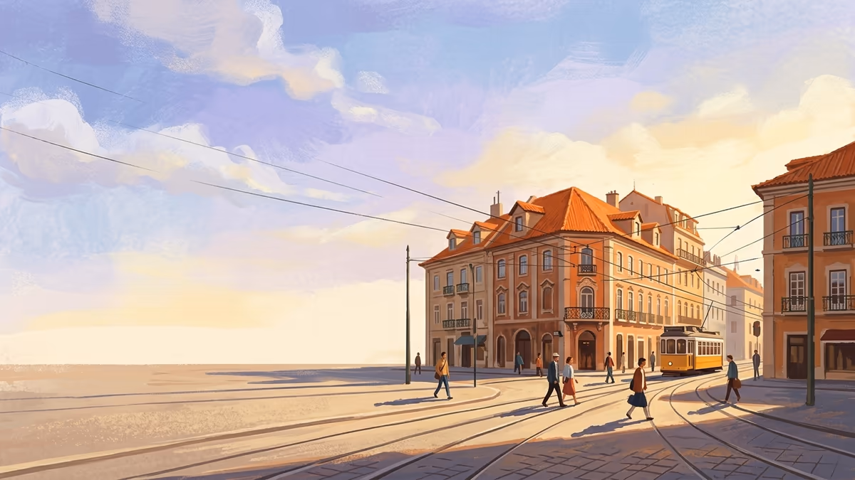 A warm European plaza with orange roofs, tram lines, long shadows, and small figures crossing the square.