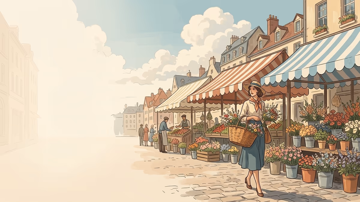 A flower market street with striped awnings, overflowing bouquets, and a woman carrying flowers.