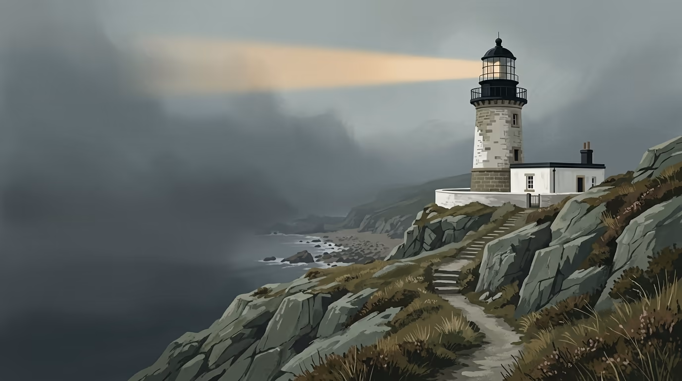 A historic lighthouse on a rocky Atlantic headland, fog rolling in from the sea, with a winding coastal path below.