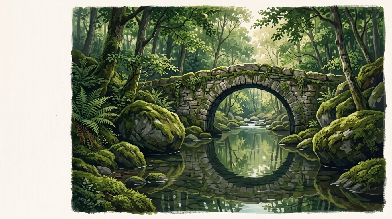 A sunlit stone arch bridge over a clear forest stream, surrounded by ancient moss-covered boulders and dense green canopy.