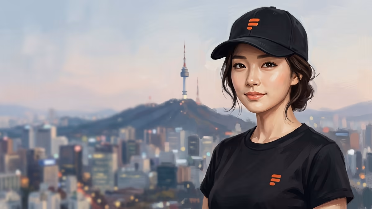 A close portrait of a Korean woman in a black cap and black shirt with small orange Formzz logos stitched into the hat and printed on the chest, set against a soft Seoul skyline.