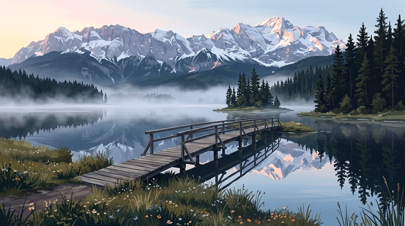 A wooden footbridge over a still mountain lake, with snow-capped peaks reflected in the glassy water at dawn.