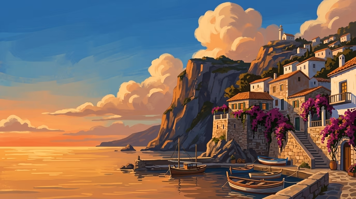 A scenic coastal village at sunset with terraced stone buildings cascading down a hillside toward a calm harbor.