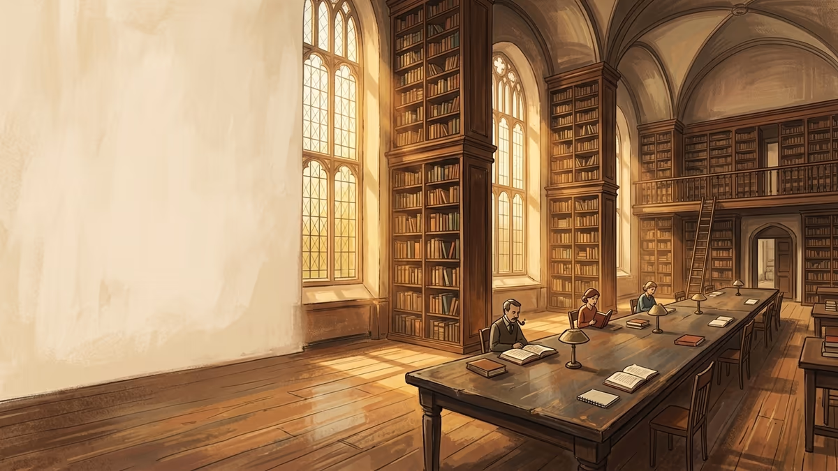 A grand historic library reading room with towering shelves, sunbeams, and a few tiny readers.