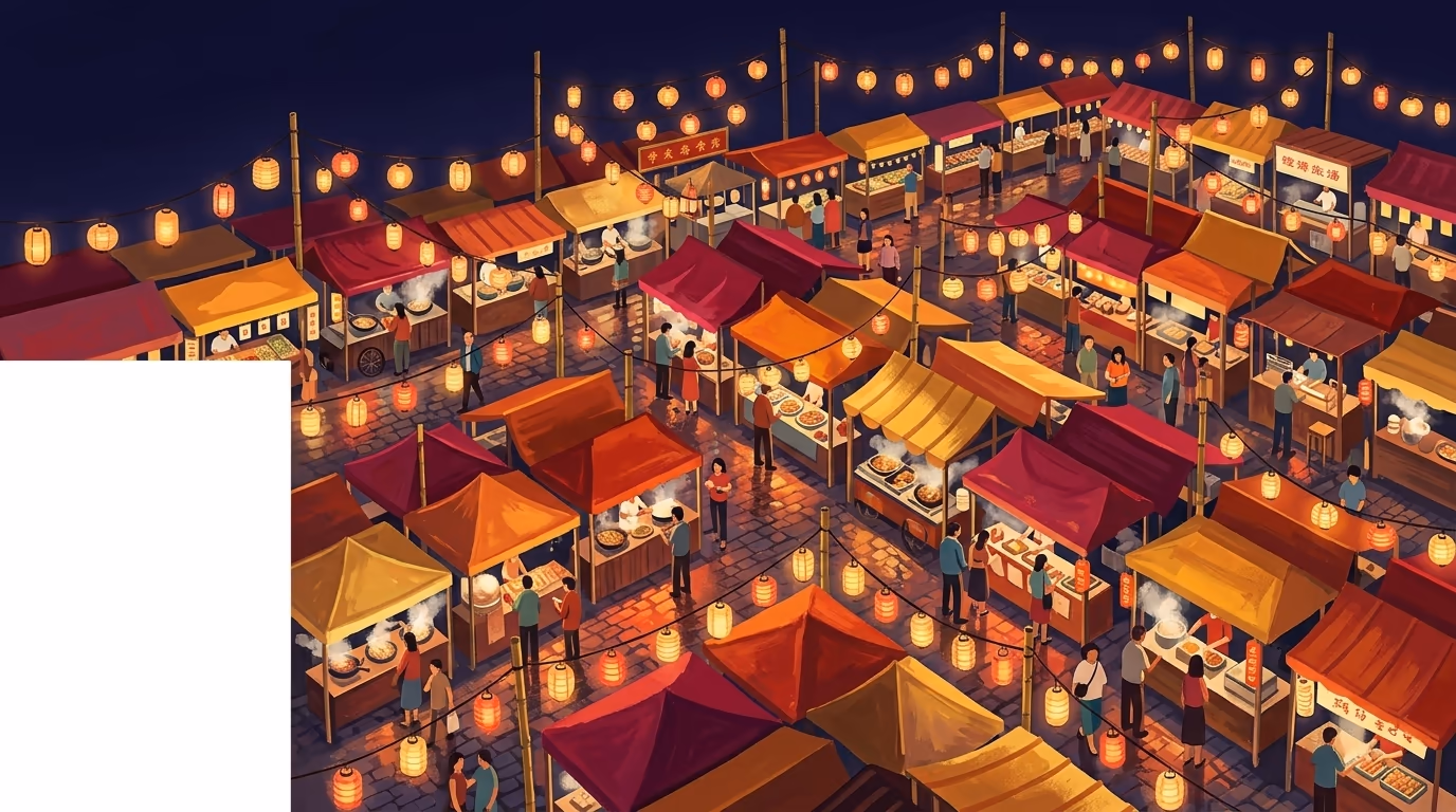 Overhead view of a vibrant night market with paper lanterns strung between stalls, colorful awnings, small figures browsing below, and warm amber and red glow reflecting off wet cobblestones.