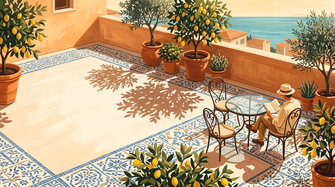 Overhead view of a sun-drenched Mediterranean rooftop terrace with terracotta pots of lemon trees, a mosaic tile floor, a small wrought-iron table, and a figure relaxing with a book under afternoon light.