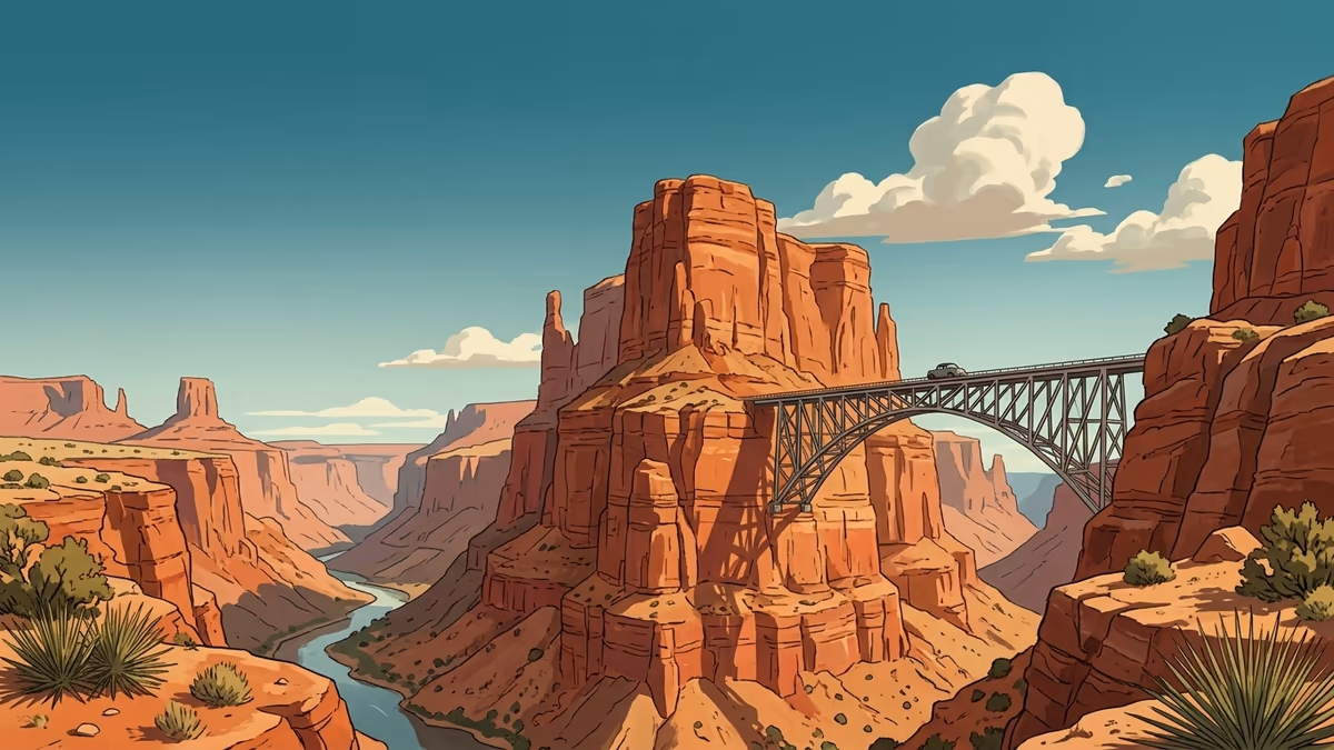 A red-rock canyon with a dramatic steel bridge and a tiny car crossing beneath a huge sky.