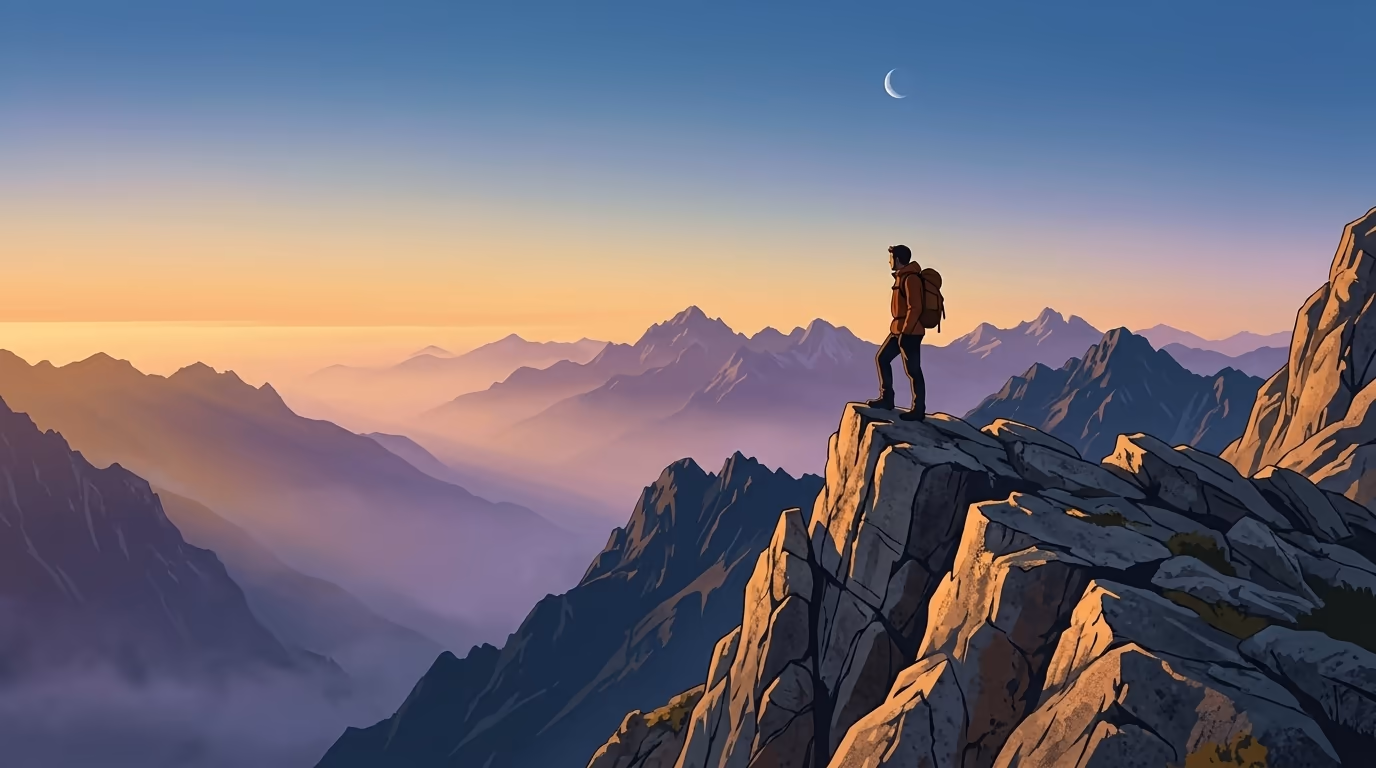 A lone hiker standing on a dramatic mountain ridge at golden hour, overlooking a vast valley of layered peaks and mist, with warm amber light catching the rocky terrain in the foreground.