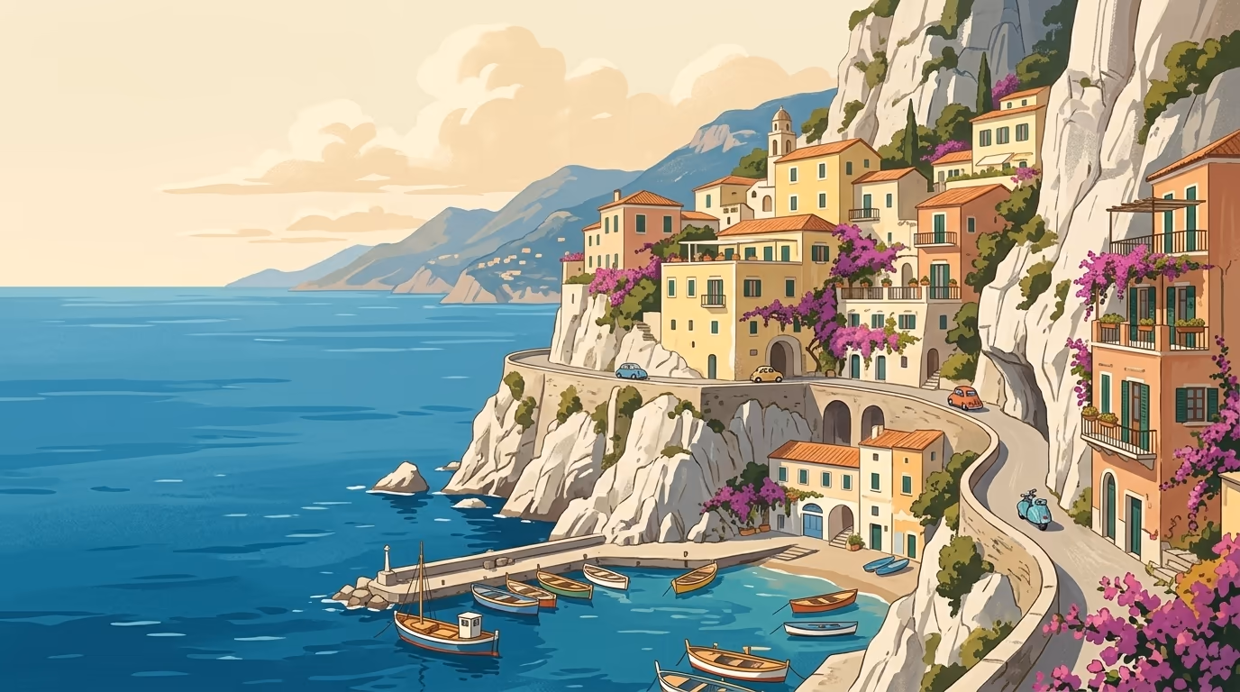 Travel-poster illustration of the Amalfi Coast with pastel yellow and terracotta buildings cascading down dramatic limestone cliffs toward a deep blue Mediterranean sea, small boats visible in the harbor below.