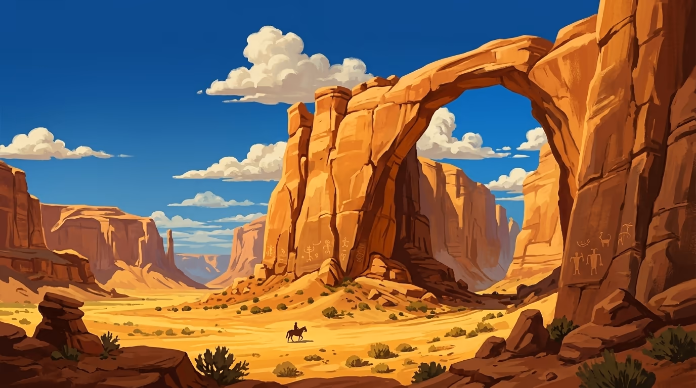 Painterly desert canyon landscape with warm sandstone walls and a natural rock arch framing a vivid turquoise sky, a lone traveler on horseback visible in the golden valley floor below.