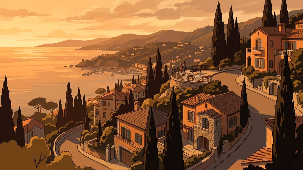 A sunset overlook above a layered hillside neighborhood with winding streets, homes, and cypress trees.