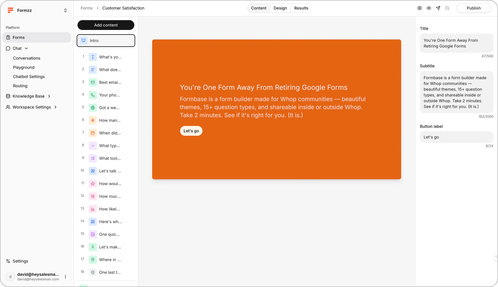 Form builder screen with the builder canvas and form settings panel.