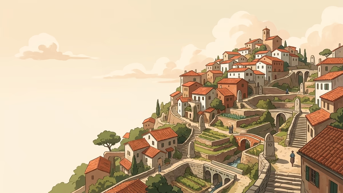 A scenic editorial illustration for "10 Best Free Calendly Alternative Tools for 2026" featuring a hillside village with stepped paths and bright open sky.