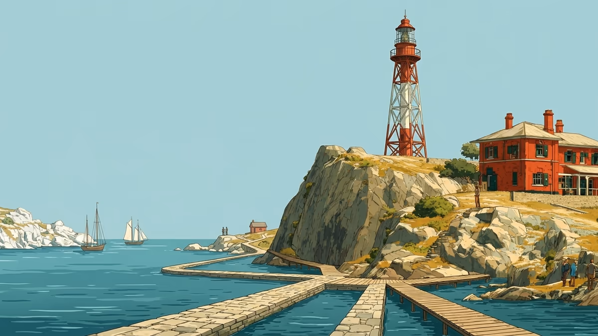 A scenic editorial illustration for "Best Practices for Landing Pages That Convert (2026 Guide)" featuring a coastal lighthouse and rocky shoreline under expansive clouds.
