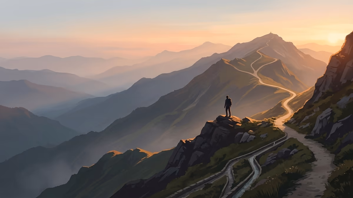 A scenic editorial illustration for "B2B Lead Generation Software: The 2026 Buyer's Guide" featuring a mountain overlook with a winding trail and atmospheric light.