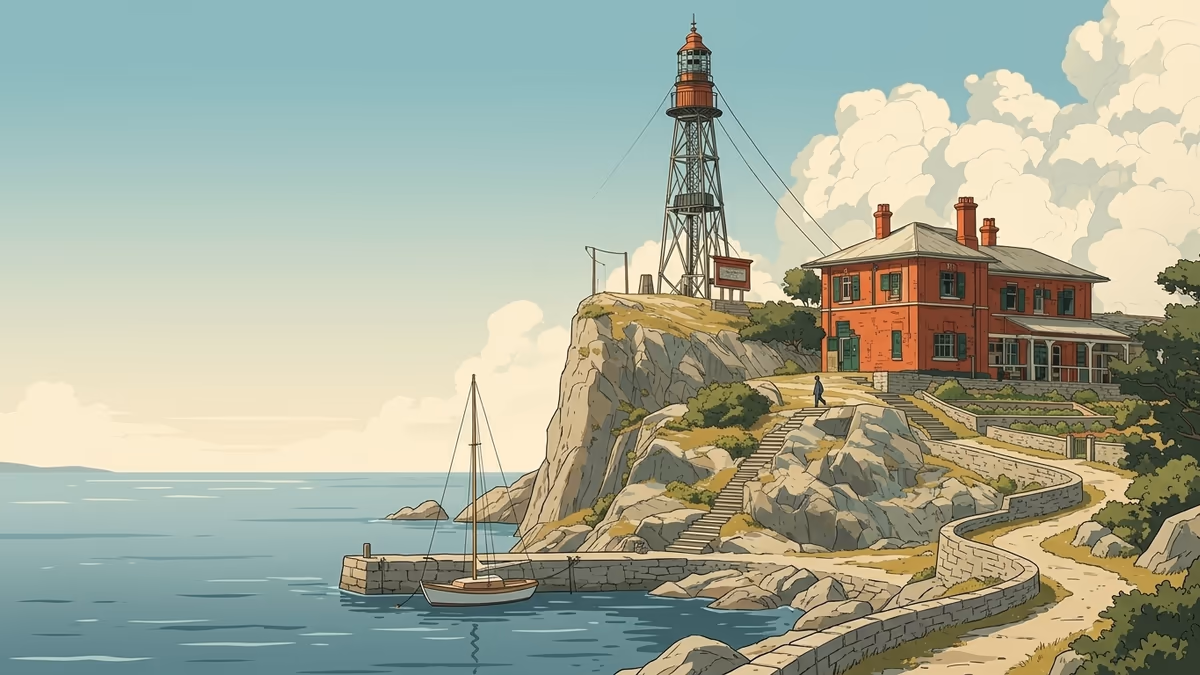 A scenic editorial illustration for "Free LinkedIn Scheduling Tool: Top Picks for 2026" featuring a coastal lighthouse and rocky shoreline under expansive clouds.
