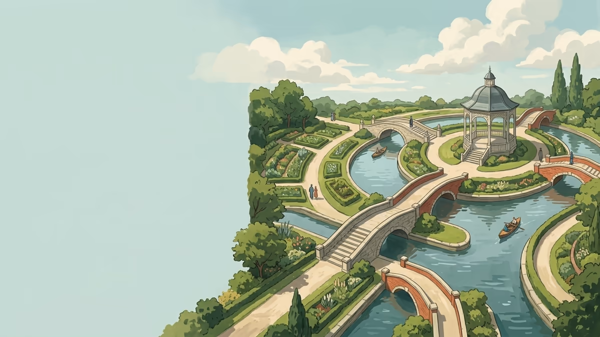 A scenic editorial illustration for "Unlock Growth with Lead Generation Software" featuring a serene park with water channels, bridges, and precise pathways.