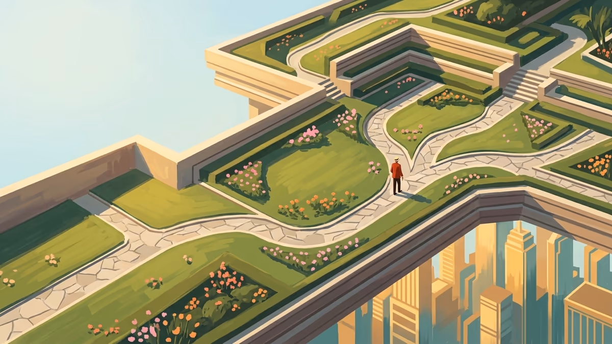 A scenic editorial illustration for "What Is Voice of Customer: Your 2026 Guide" featuring a sunlit rooftop garden flowing above a dense city skyline.
