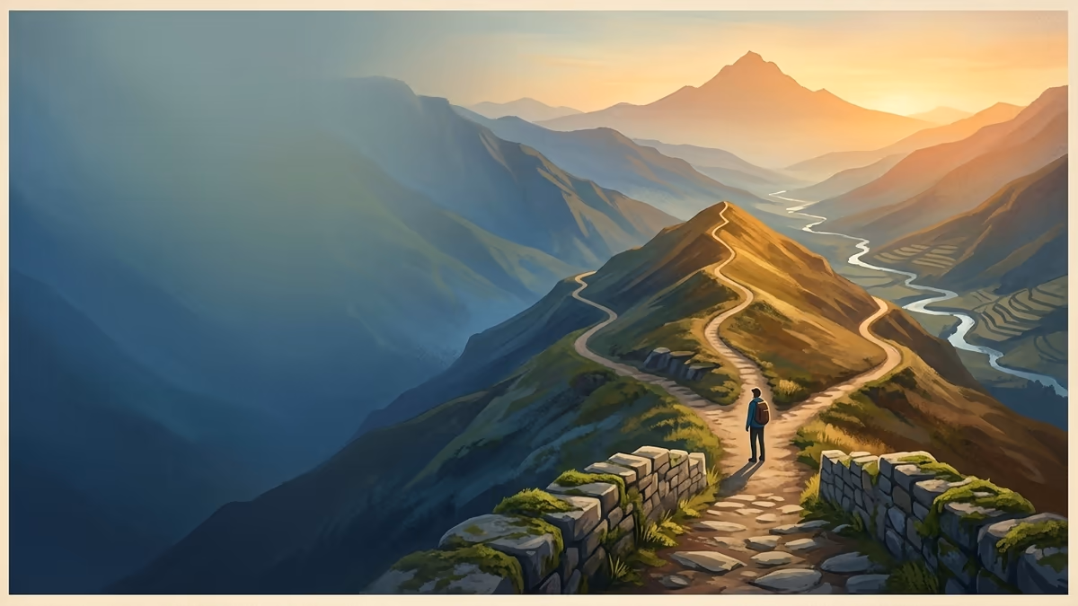 A scenic editorial illustration for "Drag and Drop Form Builder: A Guide to Faster Conversions" featuring a mountain overlook with a winding trail and atmospheric light.